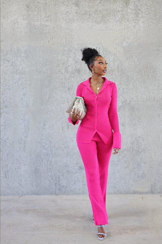 Ribbed Knit Pant Set | Pink - Noir Envy Boutique