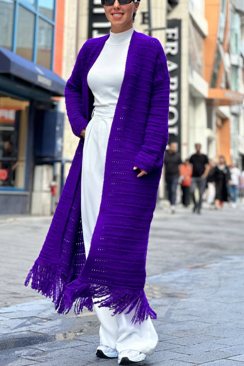 Knit Maxi Fringe Hem Cardigan | Purple