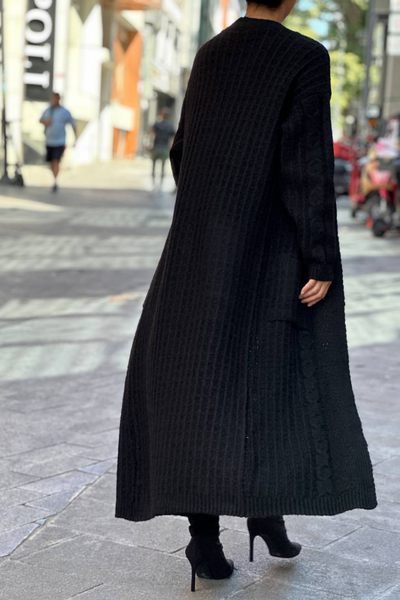 Waffle Knit Maxi Cardigan | Black