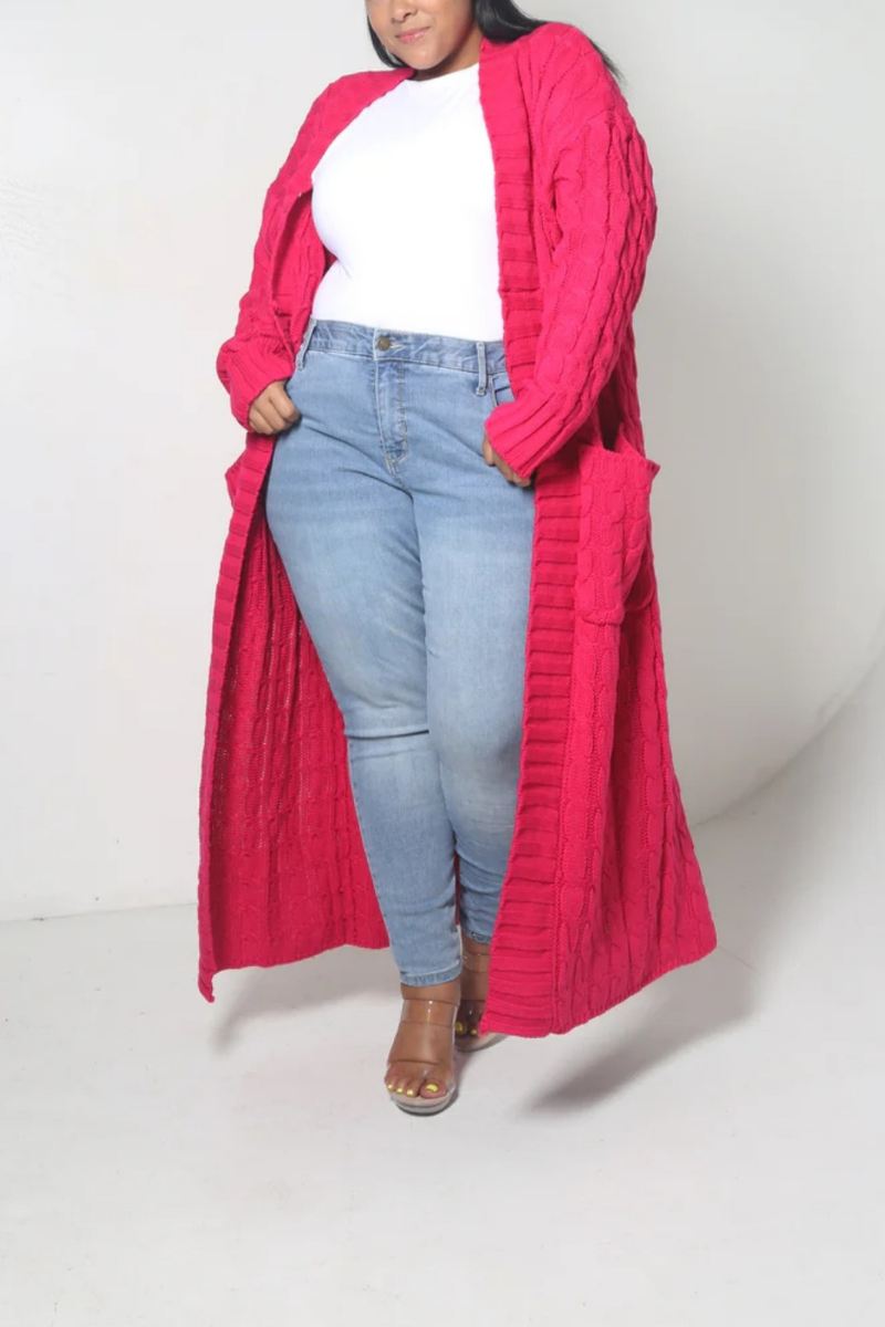 Long Waffle Knit Open Cardigan | Fuschia