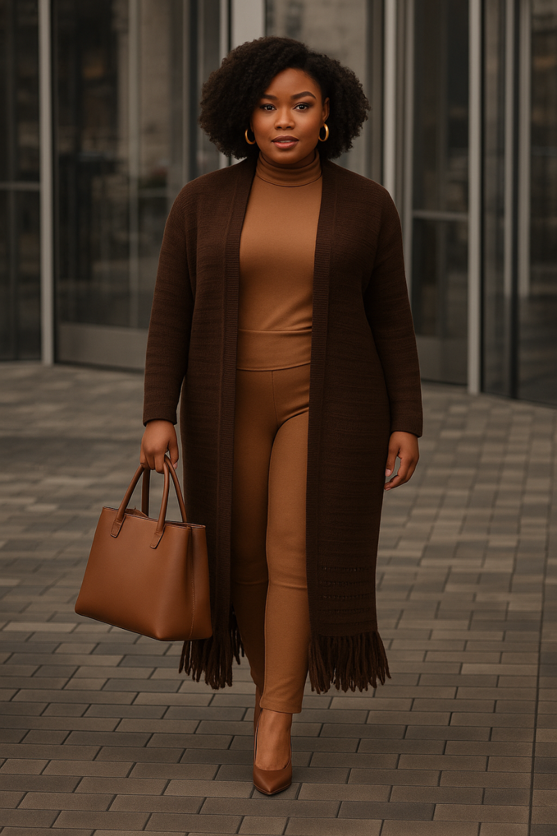 Knit Maxi Fringe Hem Cardigan | Brown