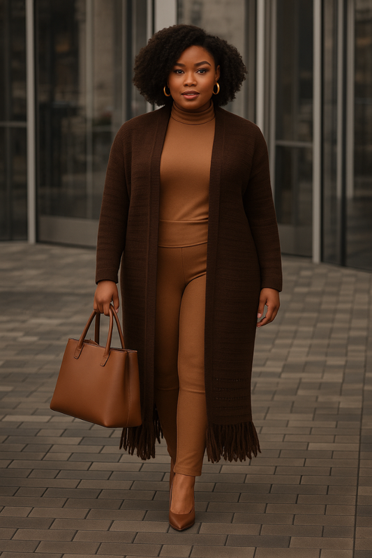 Knit Maxi Fringe Hem Cardigan | Brown