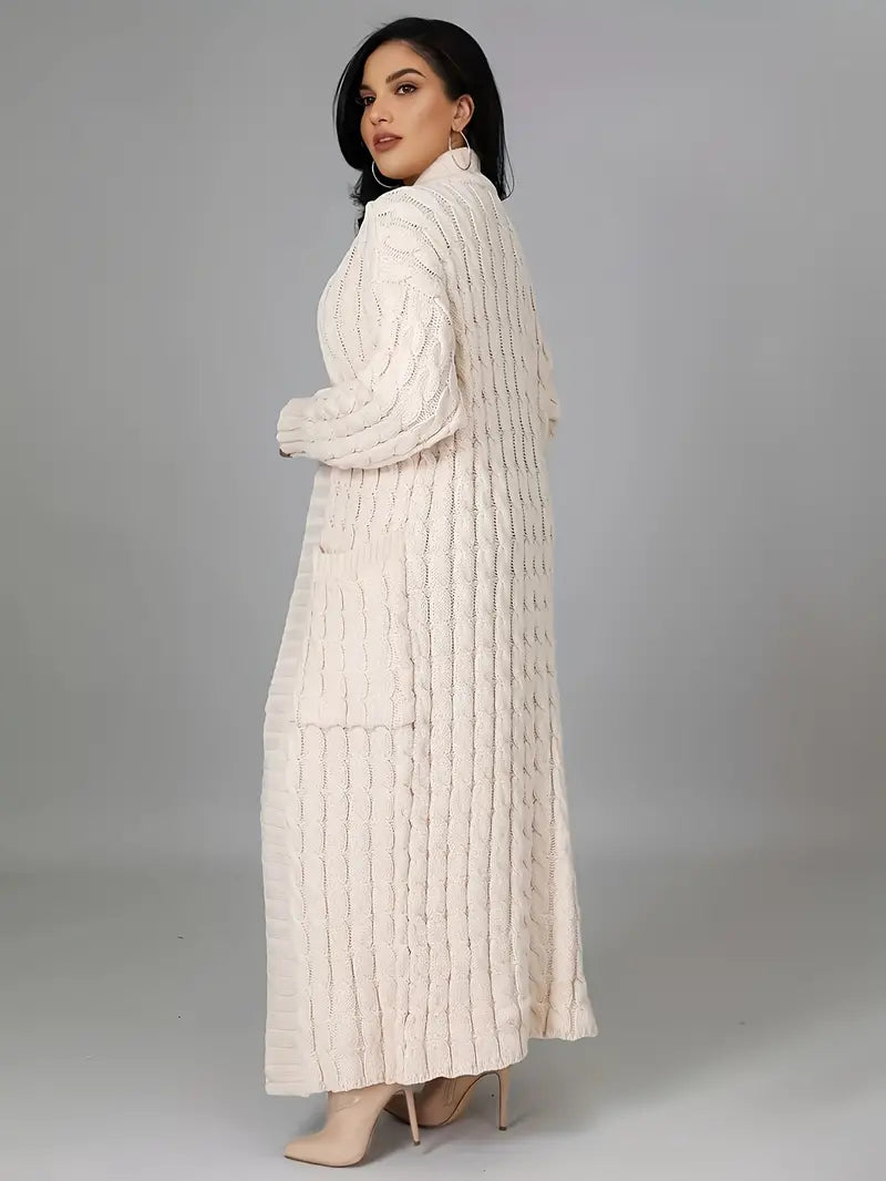 Long Waffle Knit Open Cardigan | Ivory