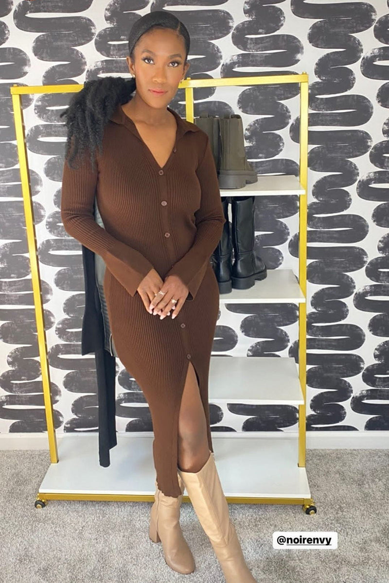 Faux Button Knit Midi Dress | Brown - Noir Envy Boutique