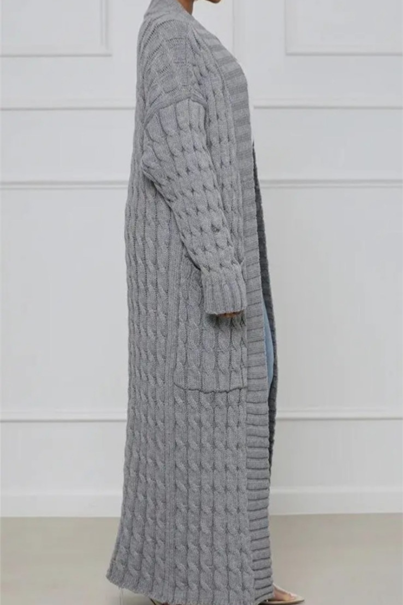 Long Waffle Knit Open Cardigan | Grey