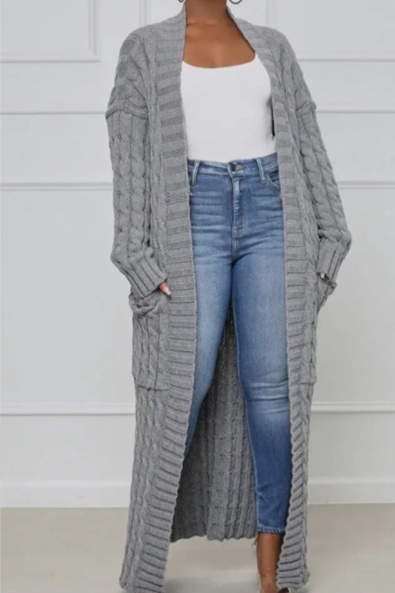 Long Waffle Knit Open Cardigan | Grey