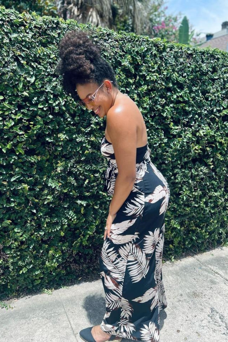 Tropical Leaf Strapless Jumpsuit | Black & Cream