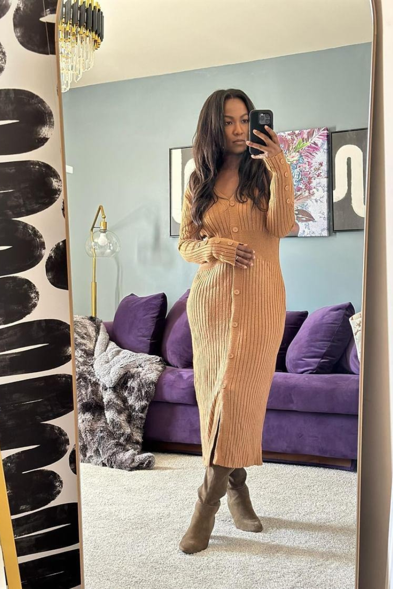 casual knit midi dress Beige Polo Neck Knit Midi Dress | Elegant Casual Sweater Dress