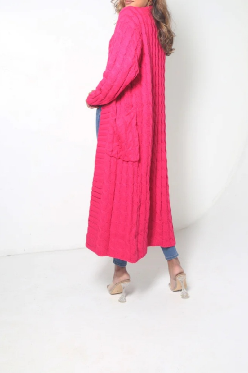 Long Waffle Knit Open Cardigan | Fuschia