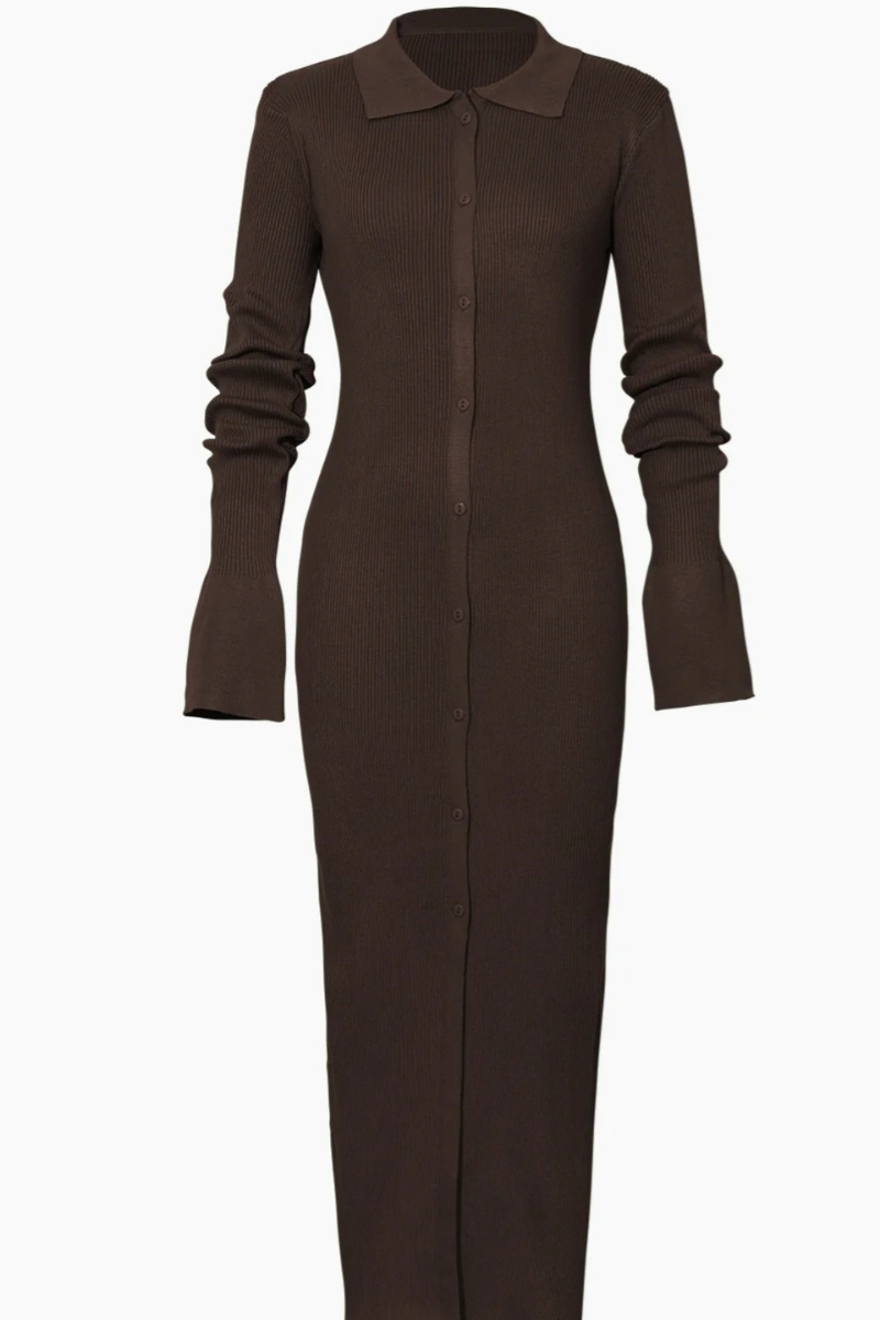 Faux Button Knit Midi Dress | Brown - Noir Envy Boutique