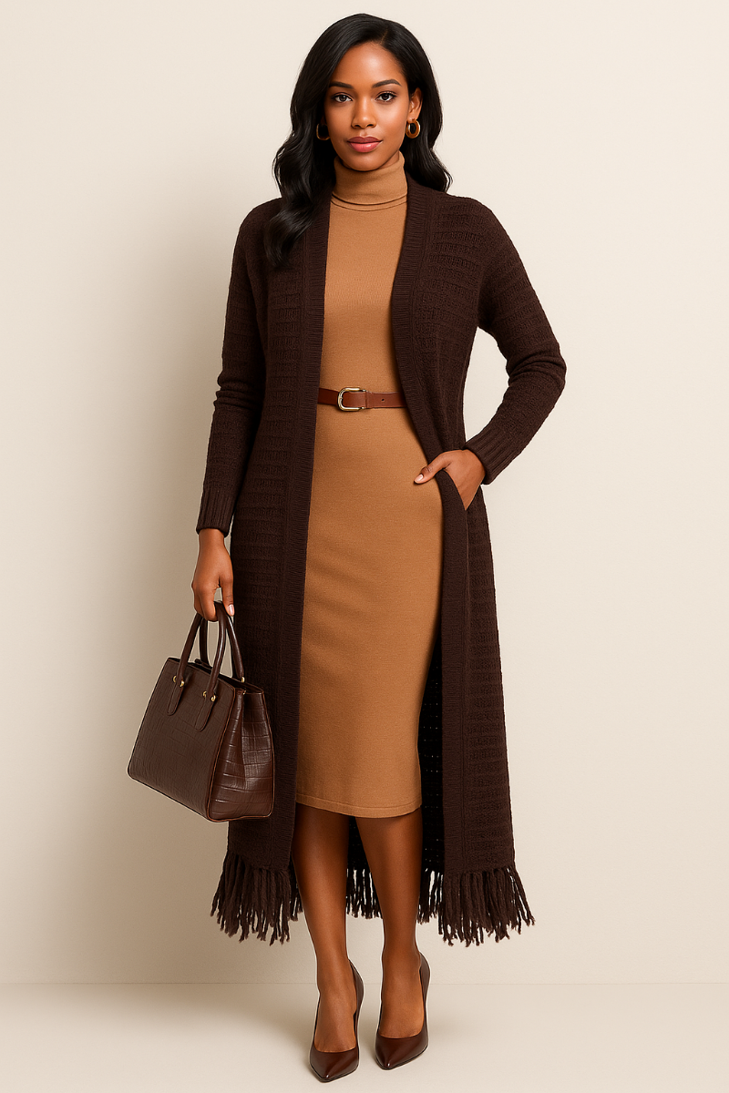 Knit Maxi Fringe Hem Cardigan | Brown