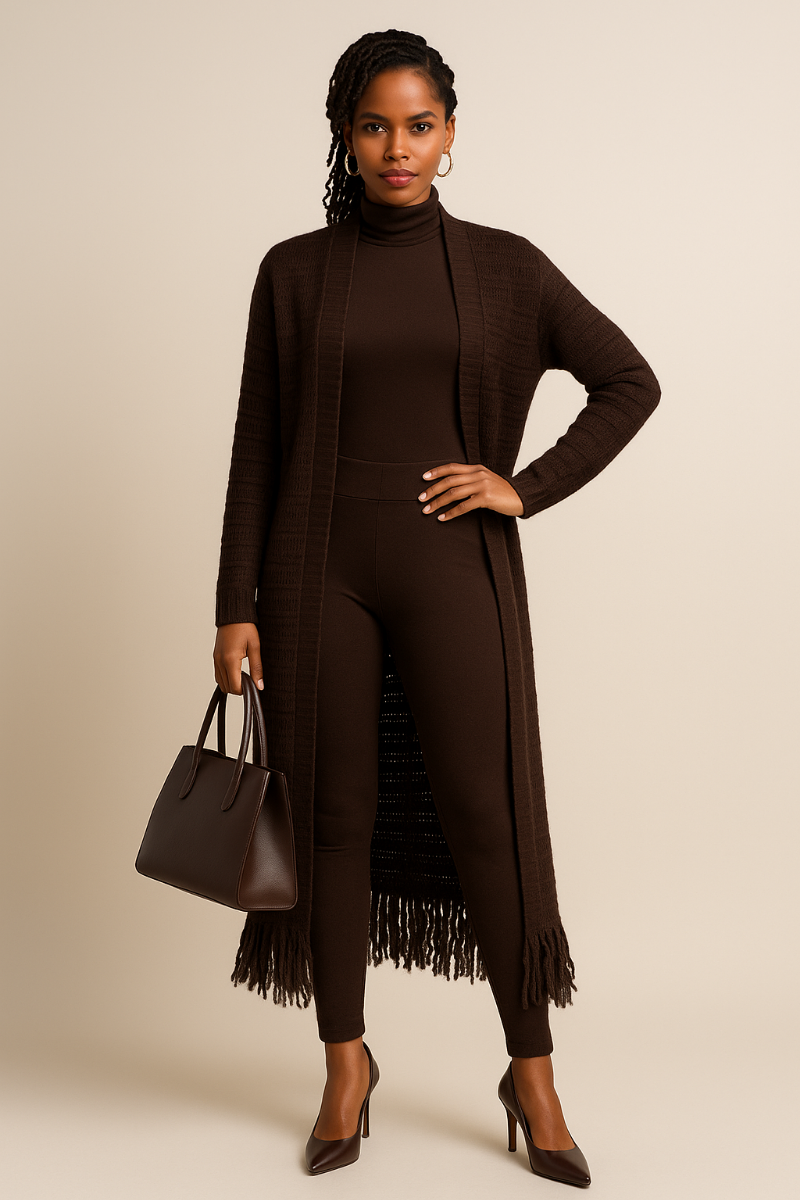 Knit Maxi Fringe Hem Cardigan | Brown