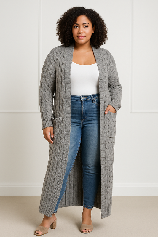 Long Waffle Knit Open Cardigan | Grey
