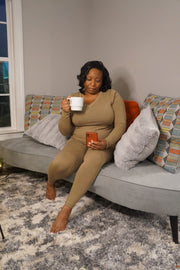 V-Neck Cotton Legging Set | Khaki - Noir Envy Boutique