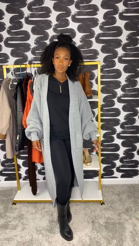 Black legging set with grey longlined cardigan