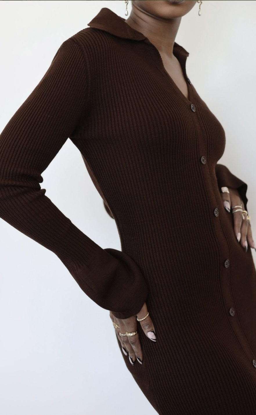 Faux Button Knit Midi Dress | Brown - Noir Envy Boutique