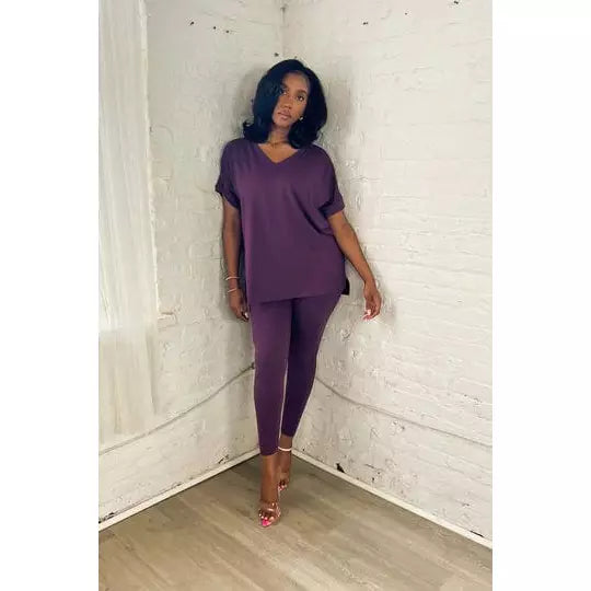 V- Neck Legging Set | Dark Plum - Noir Envy Boutique