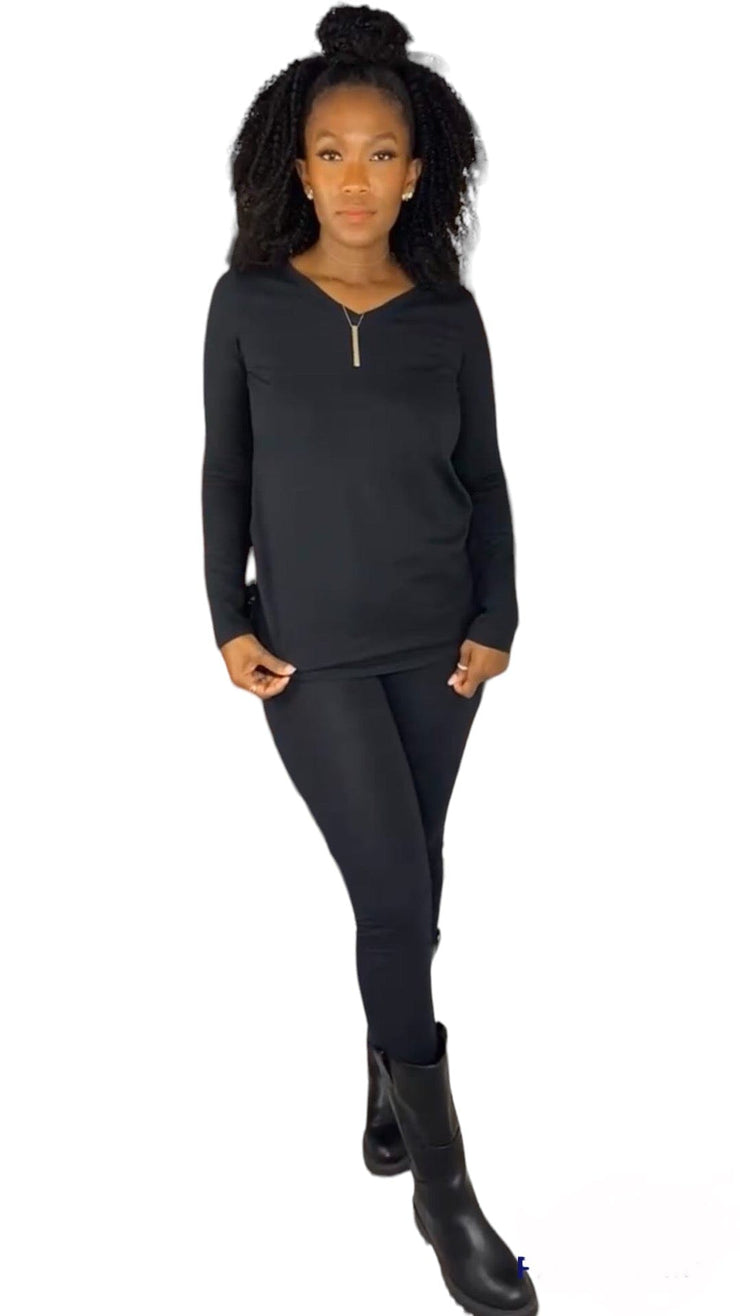 V-Neck Cotton Legging Set | Black - Noir Envy Boutique